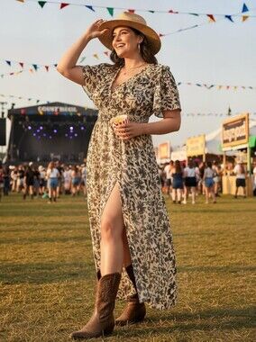 EYWOL NWT 3XL Brown & Black Floral Maxi Dress | V-Neck Short Sleeve Boho